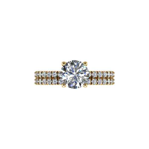 Dainty Classic Pave Bridal Set Featuring a Round Brilliant Center Diamond. This design features a Round Brilliant Center stone with a micro-prong set pave thin shank (approximately 1.6mm total width) and a matching wedding band.