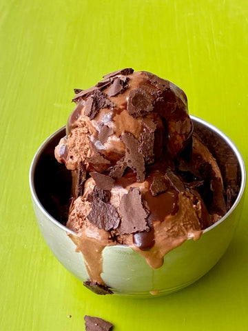 chocolate ice cream with fudge and cocoa paper