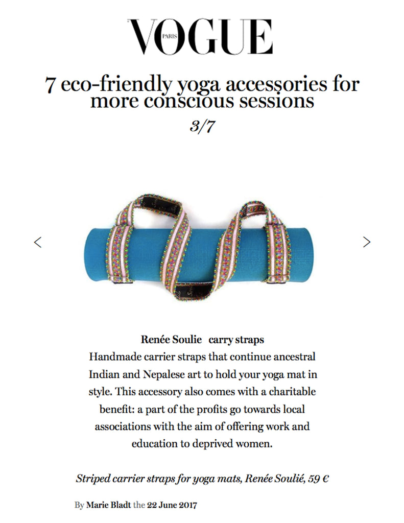 Vogue Paris choses Soulié's yoga mat sling as one of their essential yoga items for a more conscious practice. 