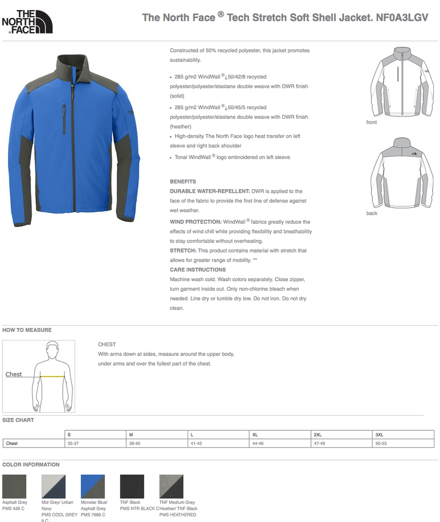 north face shirt size chart