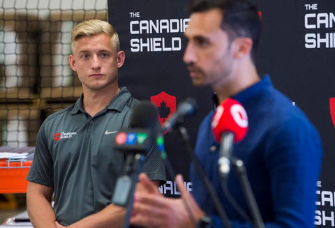 The Canadian Shield President Jeremy Hedges looking on at a press conference announcing the donation of 750,000 face shields to teachers across Canada.