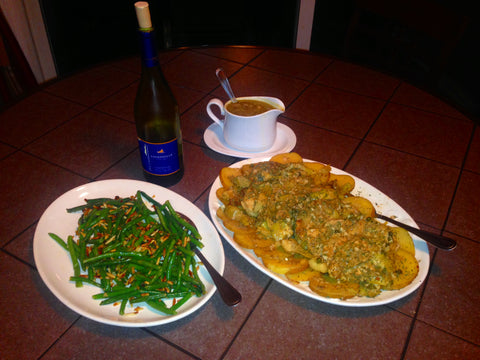 Lemon chicken, green beans almondine, and Unionville Vineyards Chardonnay