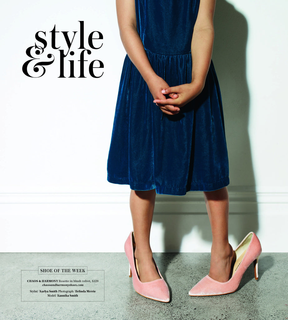 Rosette, blush, velvet, stilettos, Chaos & Harmony, New Zealand fashion, Shoe of the Week, Sunday magazine, Sunday Star Times