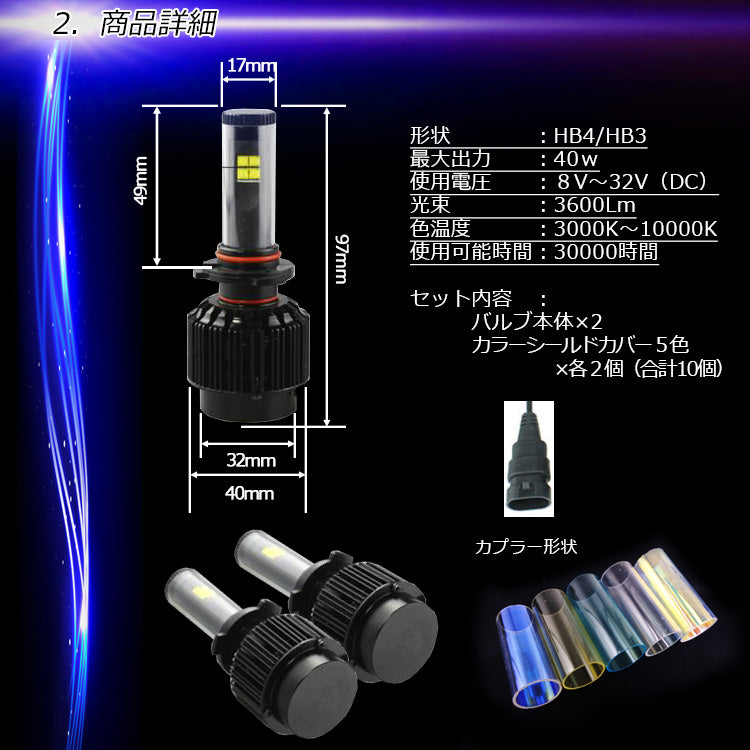 HB4正真正銘3600lm/40ｗCREE XT-Eチップ搭載 3000Kから10000Kまで色変更可能 LEDヘッドライト フォグライト 完全防水 省電力 長寿命