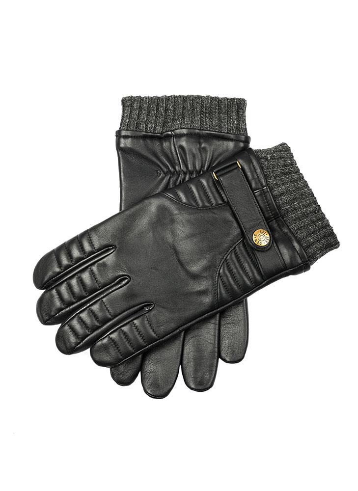 black leather gloves with white stitching