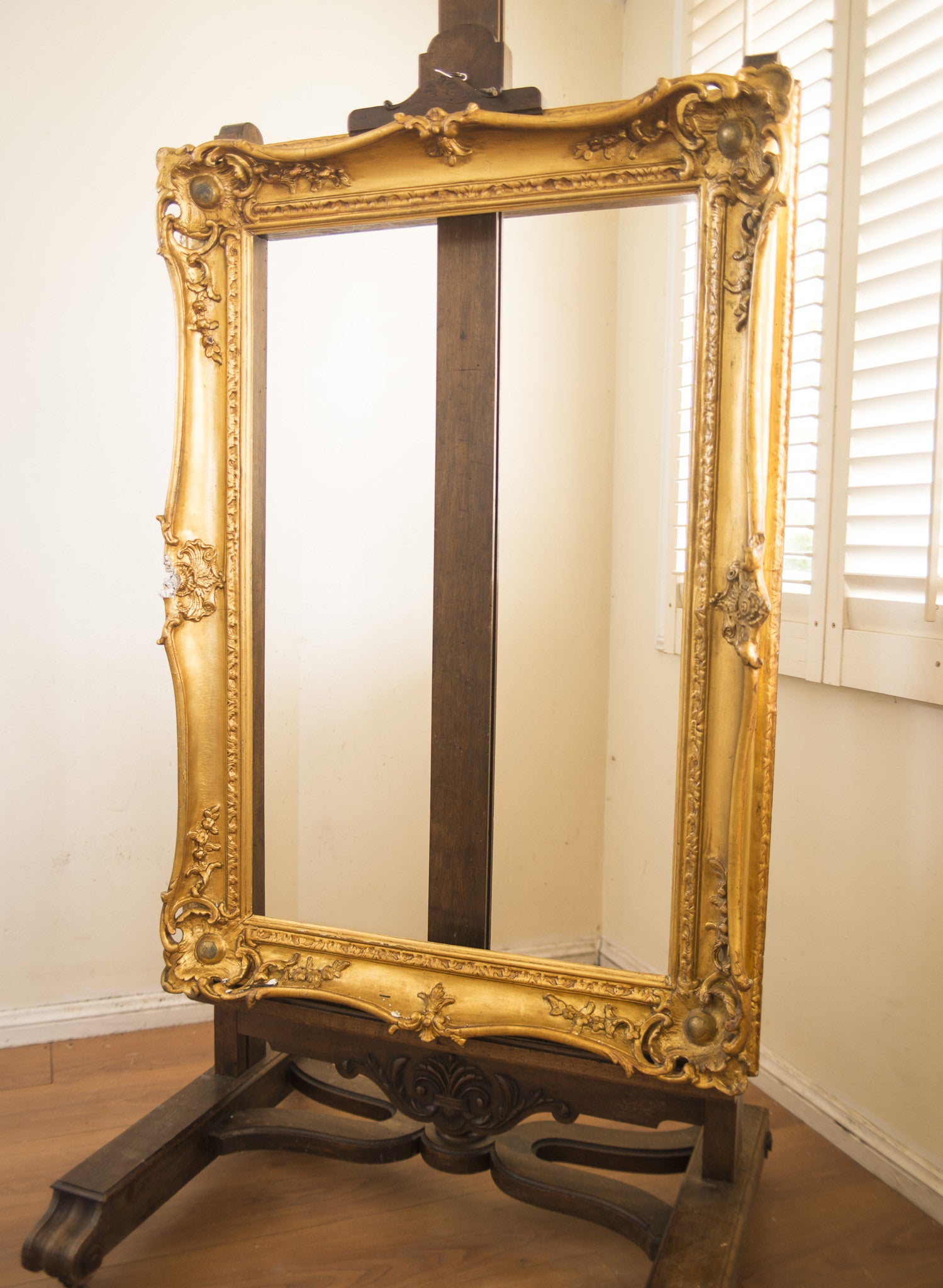 antique gold rococo metal easel stand for picture frame or mirror