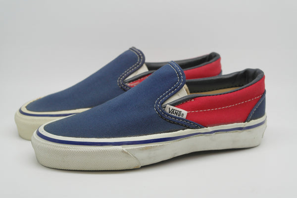 red and blue slip on vans