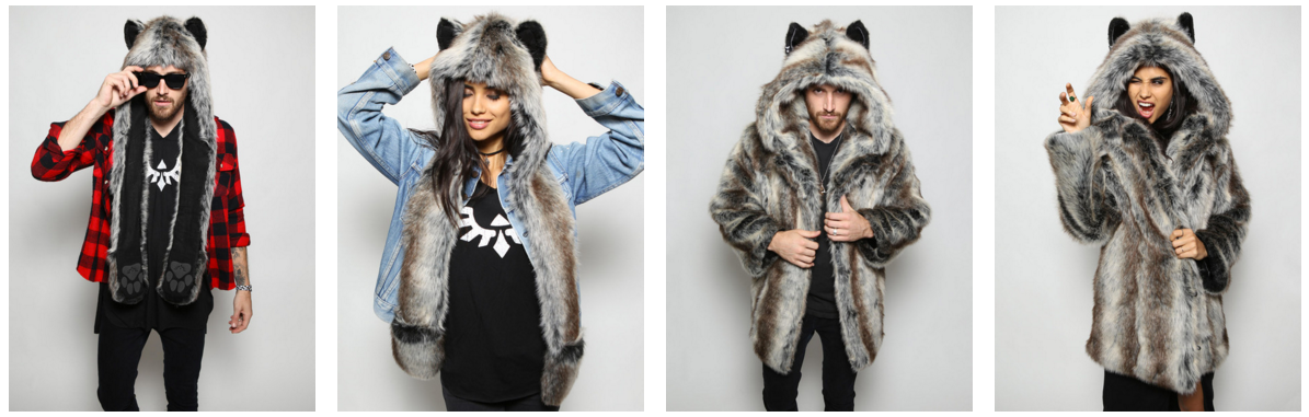 men and women wearing faux fur grey wolf hoods and coats