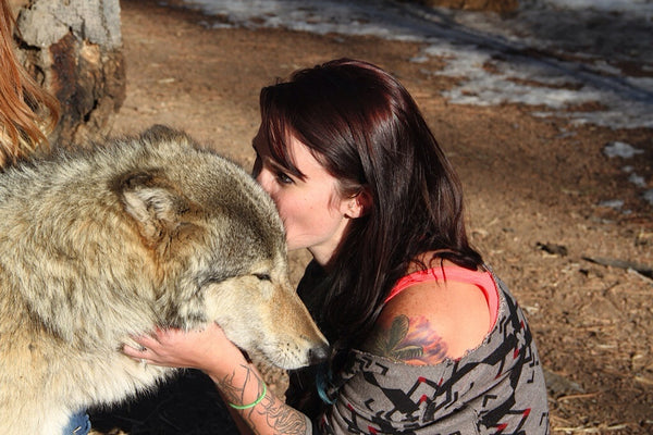 woman kissing grey wolf