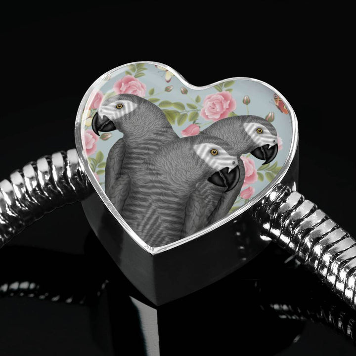 African Grey Parrot Print Heart Charm Steel Bracelet