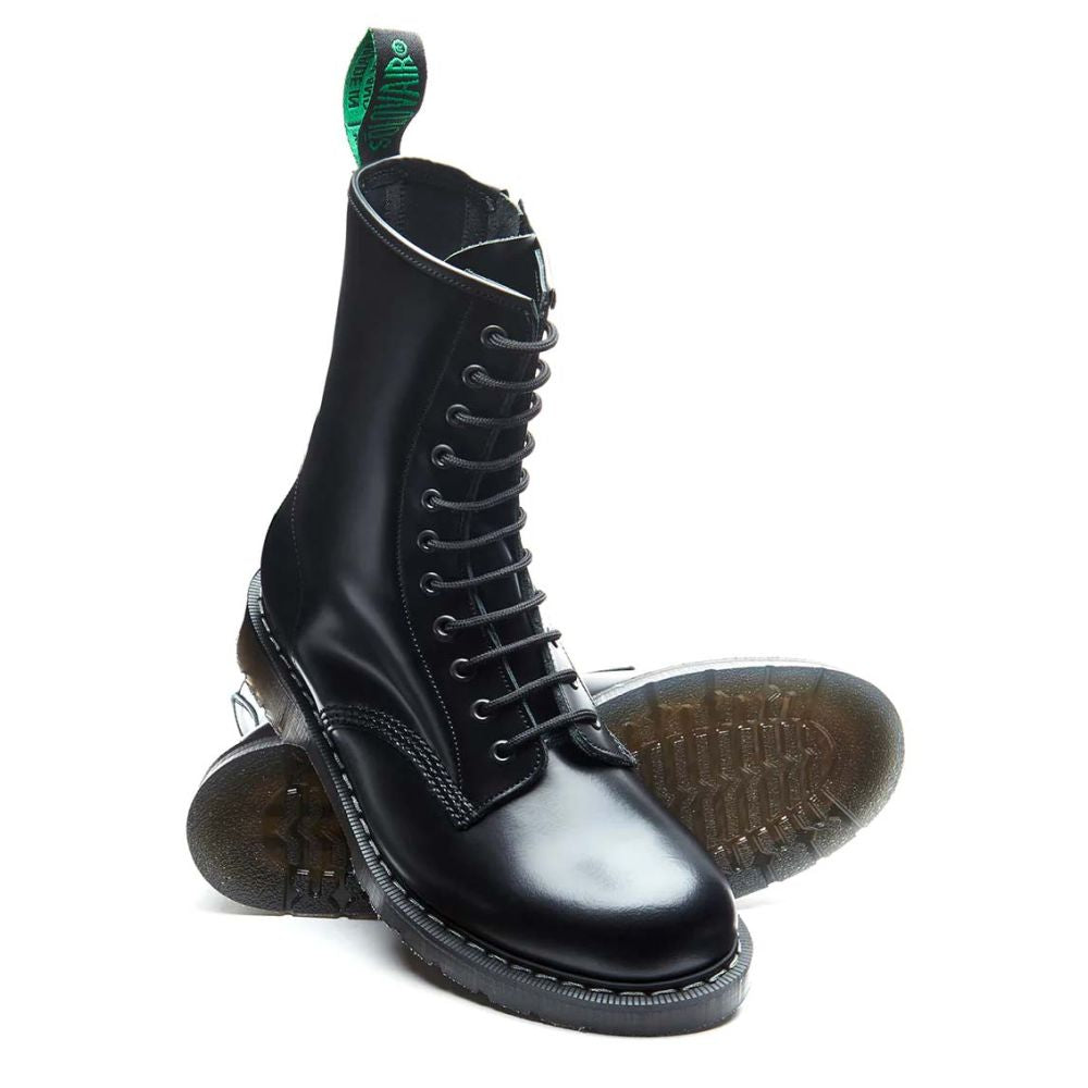 Solovair 11 Eye Zip Derby Boot in Black Hi-Shine