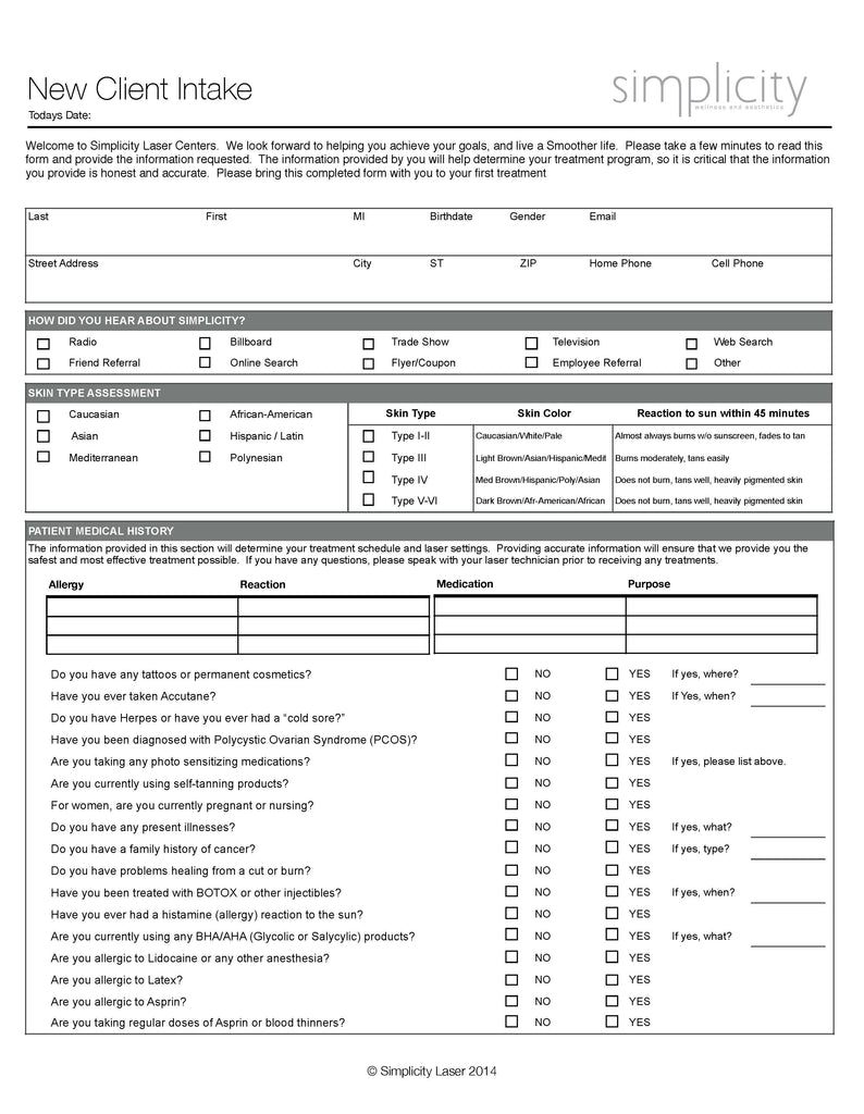 Client Intake Form for Laser Hair Removal Treatments at Simplicity Laser
