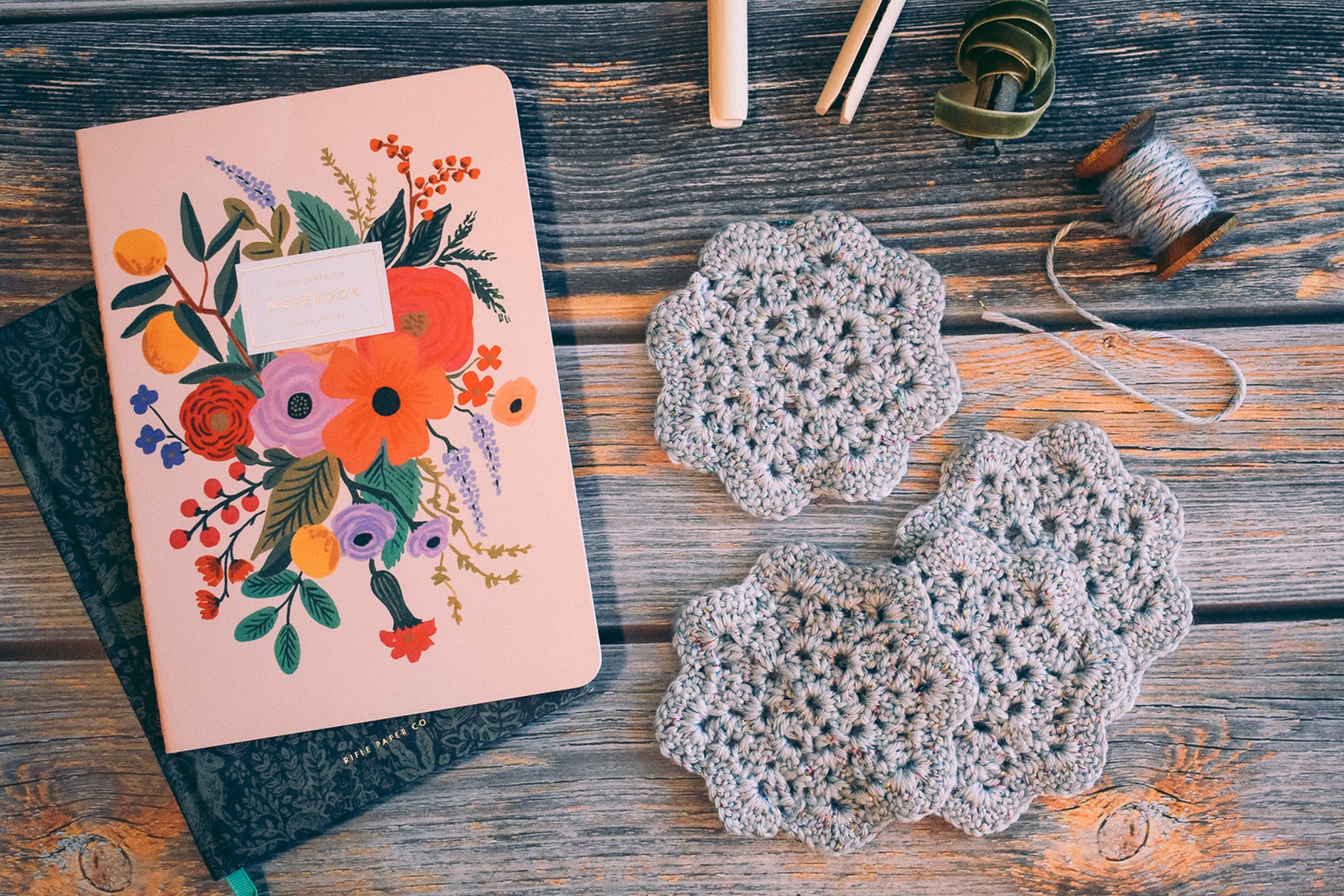 Critter Crafting - Silver Crochet Coasters & Cottagecore Home Accents - Rifle Paper Co. Notebooks and Ribbon