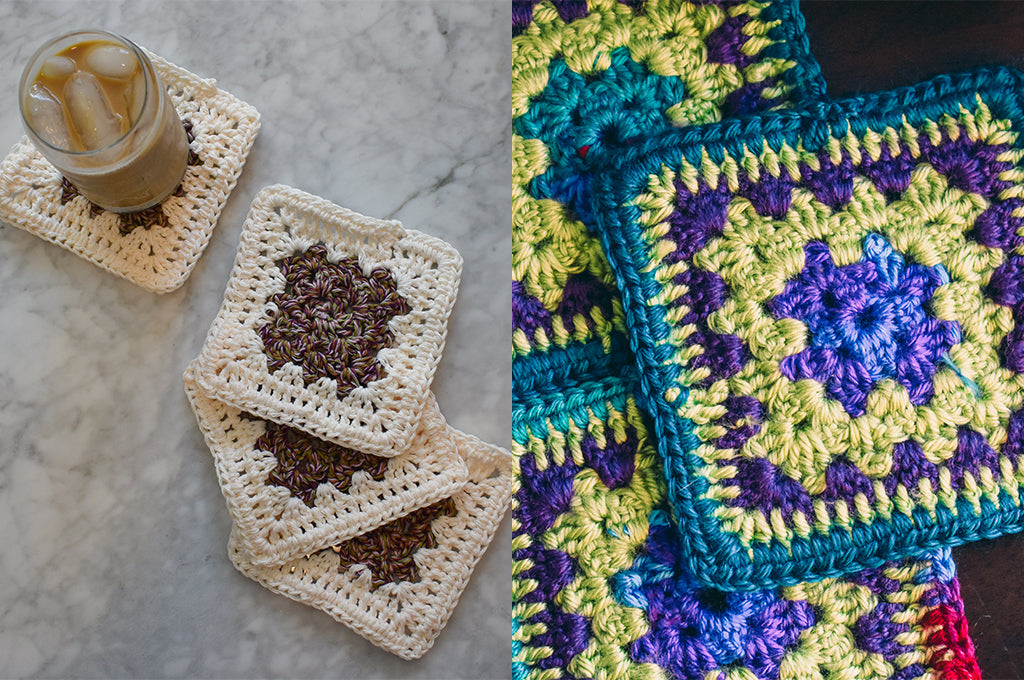 Granny square crochet coasters by Critter Crafting