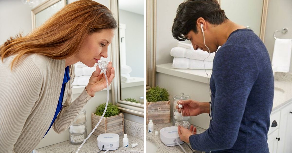 A woman on the left is using the NasoNeb sinus therapy system, and a man on the right is filling the device with solution.