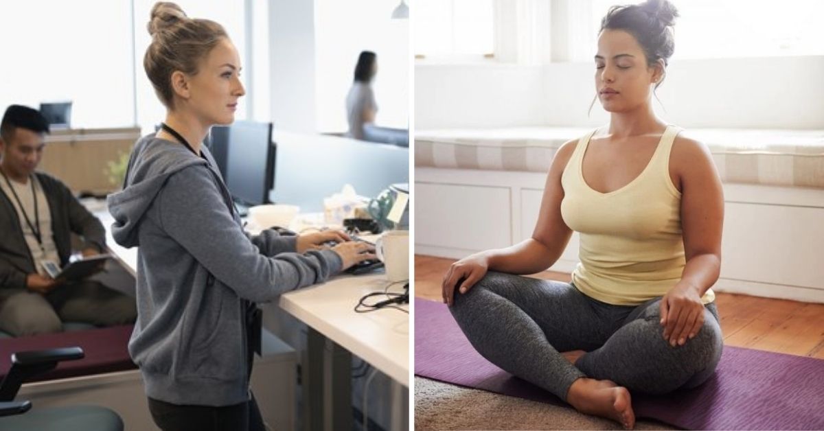 A woman on the left stands at her desk, a woman on the right does yoga