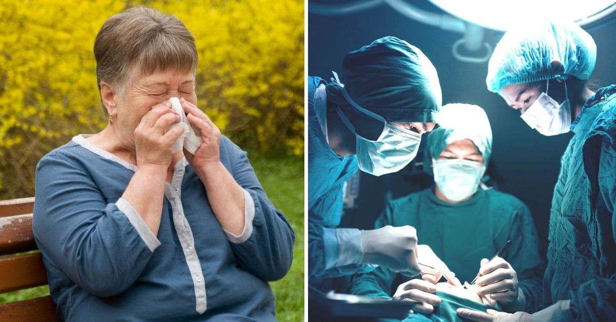 A woman blowing her nose of the left and doctors performing surgery on the right.