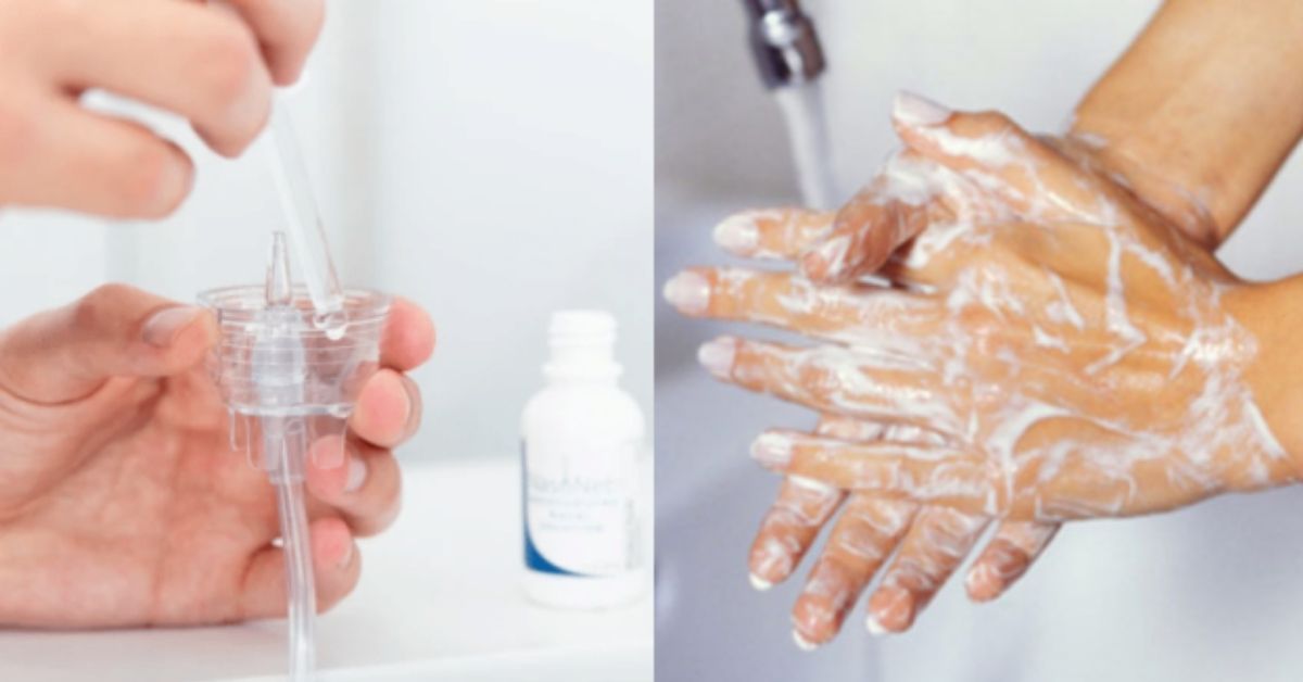 Hands filling a nasal pillow with solution on the left side and hands washing under s faucet with soap and water on the right side.