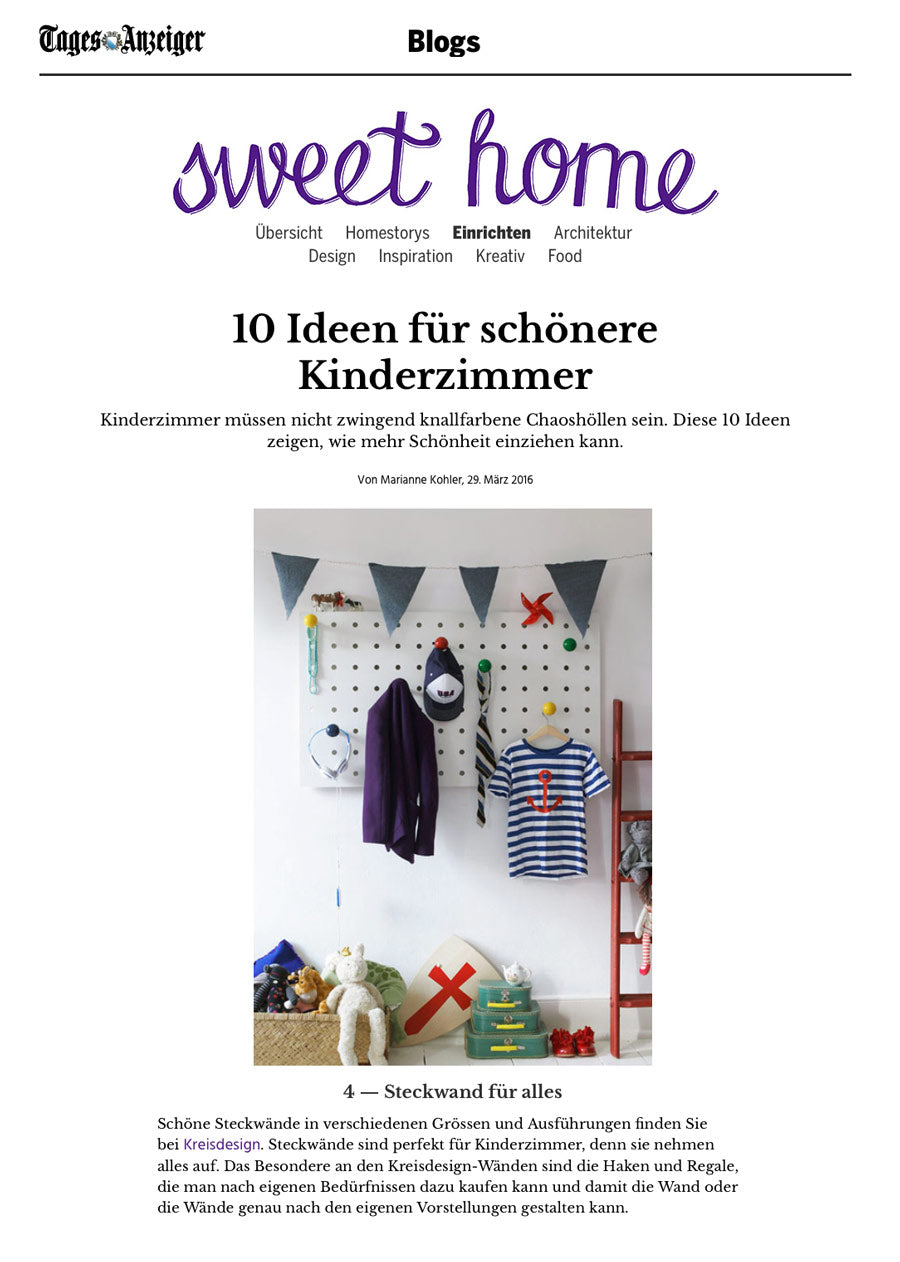 Swiss Newspaper Tages Anzeiger features Kreisdesign pegboards / Steckwaende 