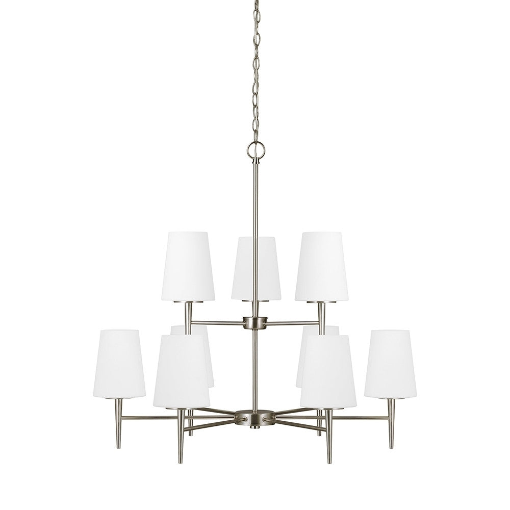Etched White Glass 9 Light Brushed Nickel Chandelier, Lighting, Laura of Pembroke