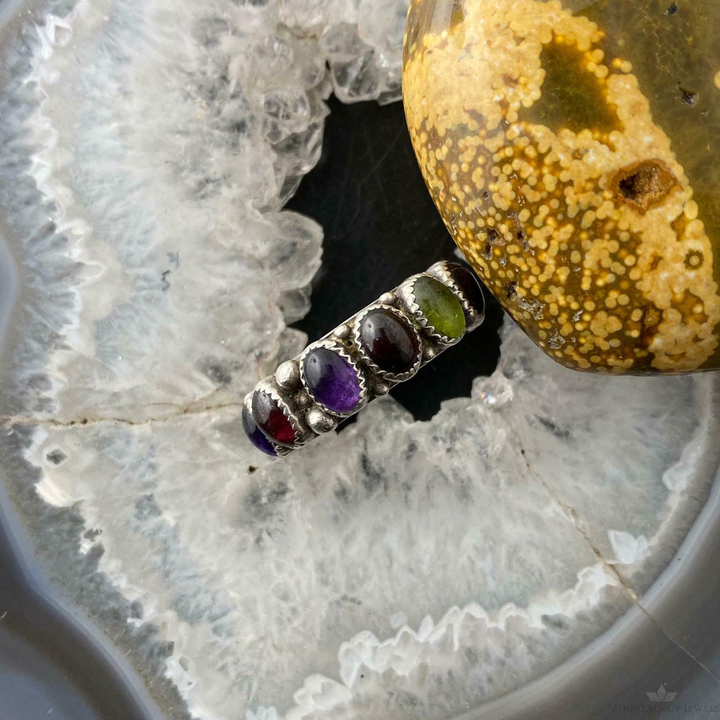 Miranda J Hicks Santa Fe Artist Multi Stone Silver Fashion Ring Sz 7.5 For Women