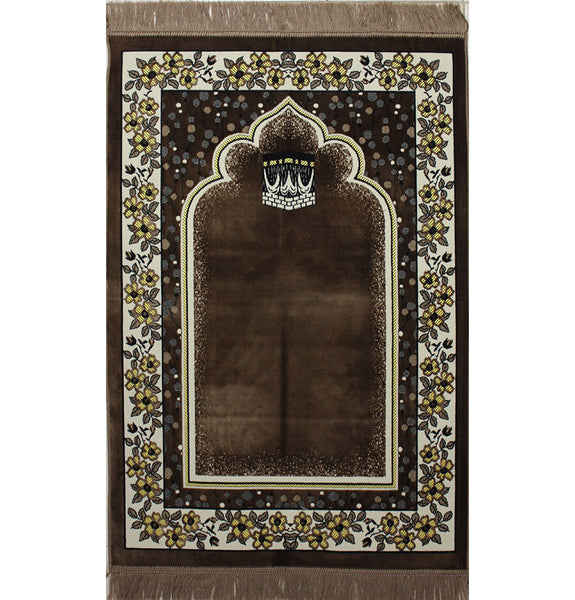 Wide Extra Large Velvet Islamic Prayer Rug Floral Kaba Brown