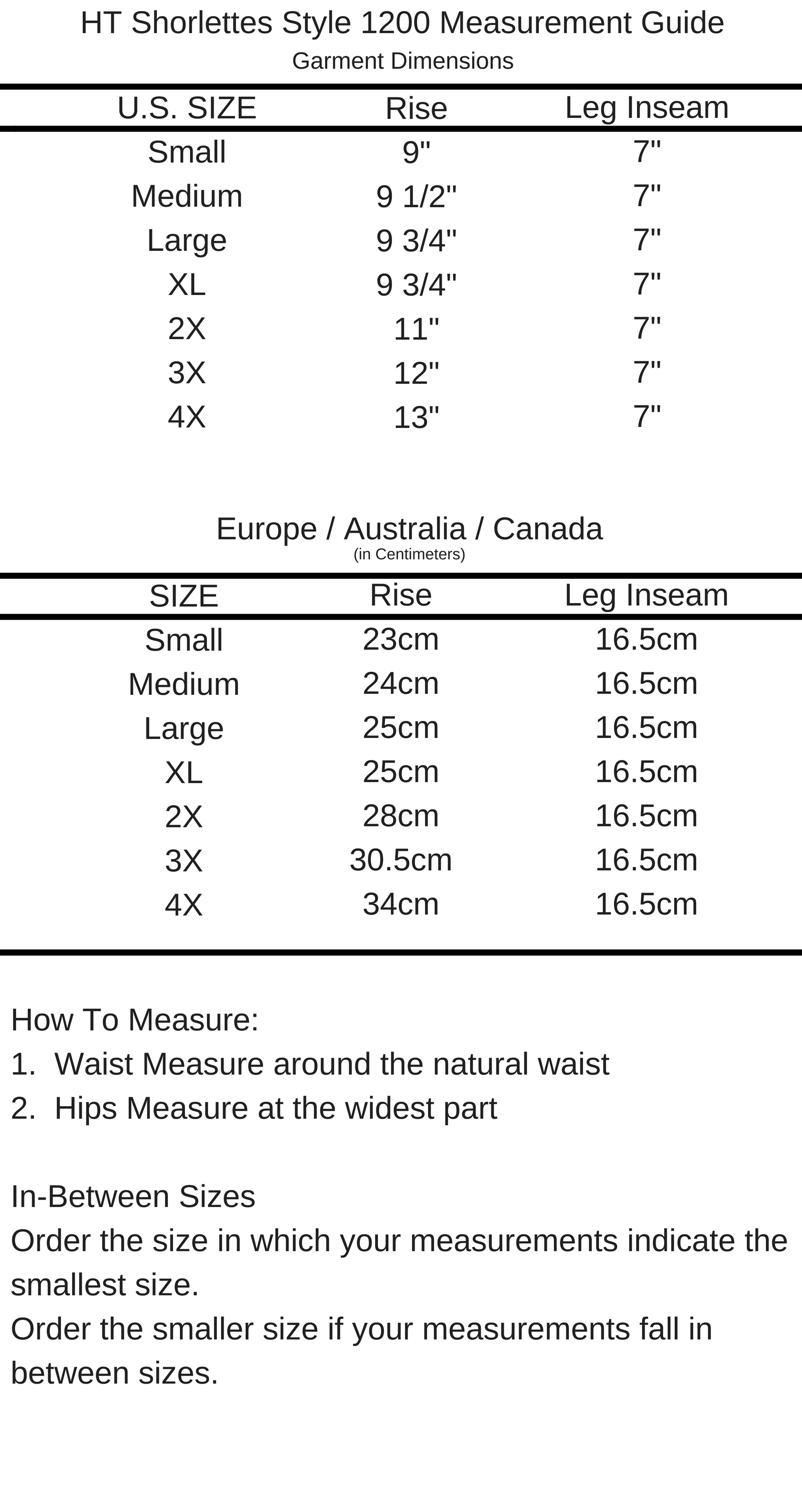 Undersummers Size Chart