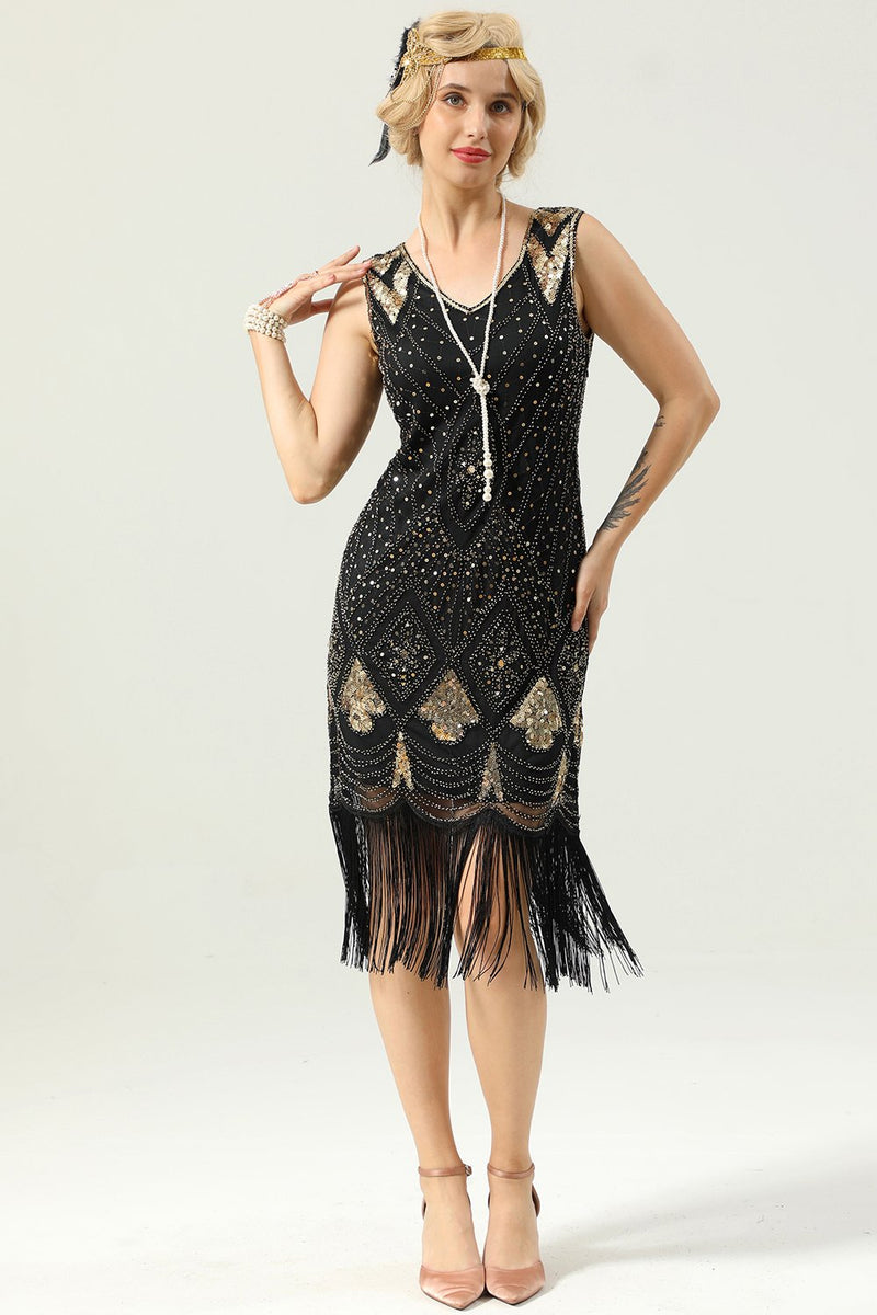 ZAPAKA jaren 1920 Zwart Mouwloos V-hals Great Gatsby Party Dress ZAPAKA
