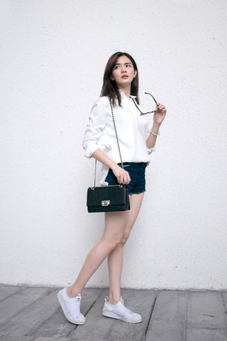 Denim Shorts White Collared Shirt Button Down Casual