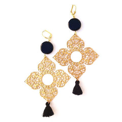 Boho Earrings Medina Brass Filigree Tassel Black