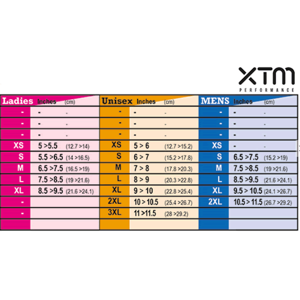 XTM Glove sizing chart