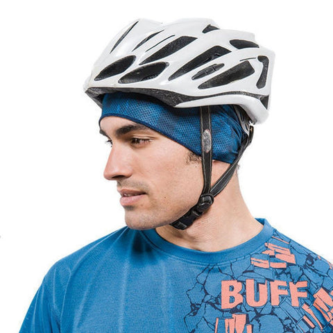 BUFF Helmet Liner Blue under helmet on man