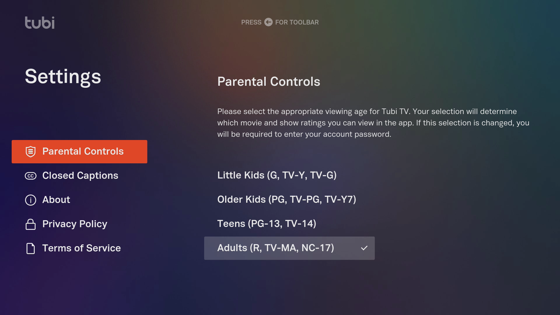 Tubi TV Parental Controls Closed Captioning