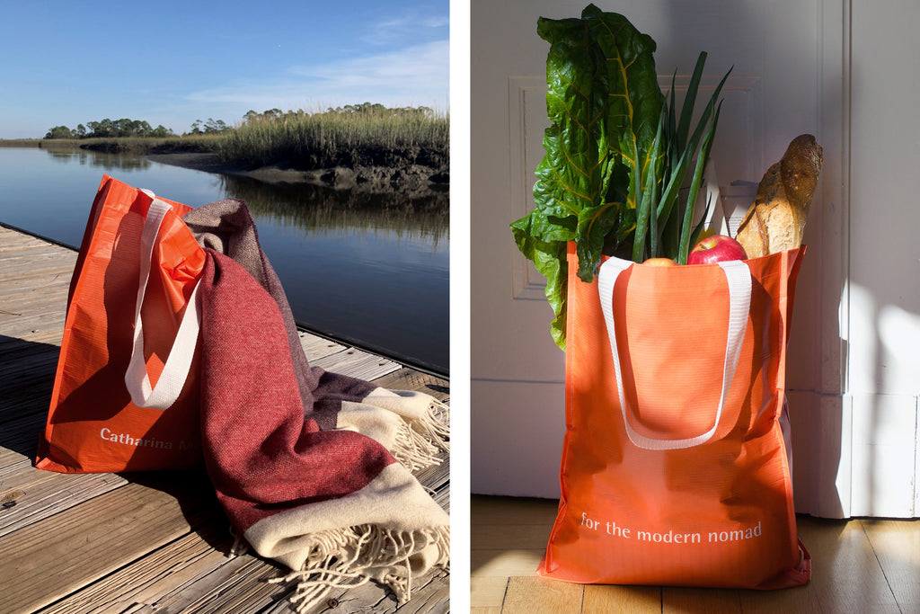 Blog Verpackung Decken in Tasche aus recycelten Plastikflaschen zur Wiederverwendung Einkaufstasche