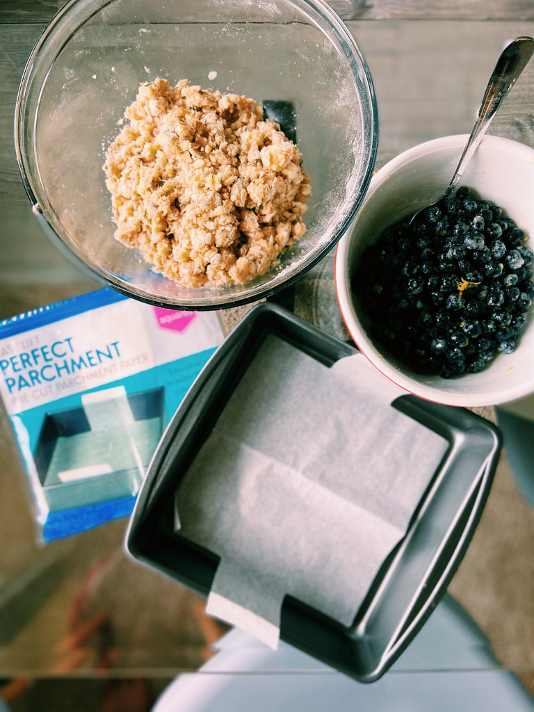 Prepping your pan for Lemon Thyme Blueberry Bars