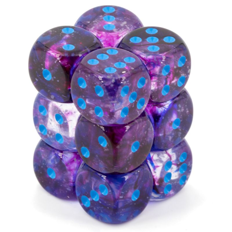 12 dice Chessex Nebula Dice Block 16mm d6 Nocturnal with Blue Luminary 