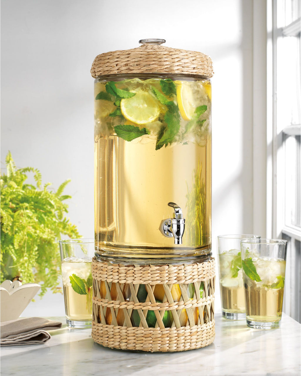 Fern Double Glass Cold Beverage Dispenser with Stand Fiddle 2.2 Quarts each