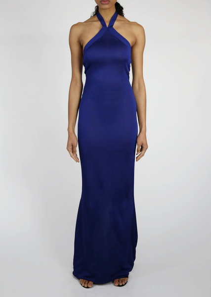 blue jersey halter dress