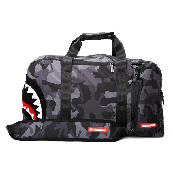 Sprayground Chenille Black Camo Shark Duffel – Beyond Hype | Premier Streetwear Accessories