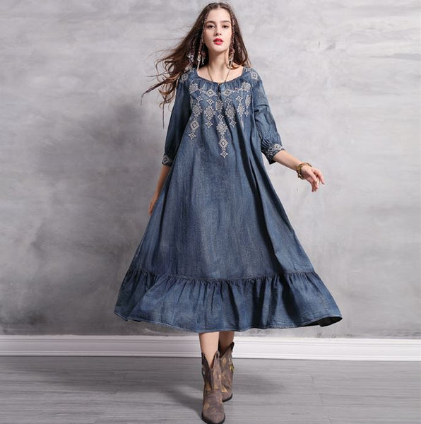 Blue embroidered denim boho dress 