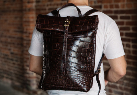 Loyal stricklin brown alligator leather ruck sack backpack. handmade in Nashville TN