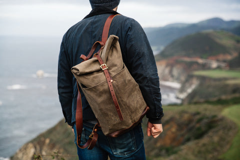 Loyal Stricklin Field Tan Waxed Canvas Roll top backpack