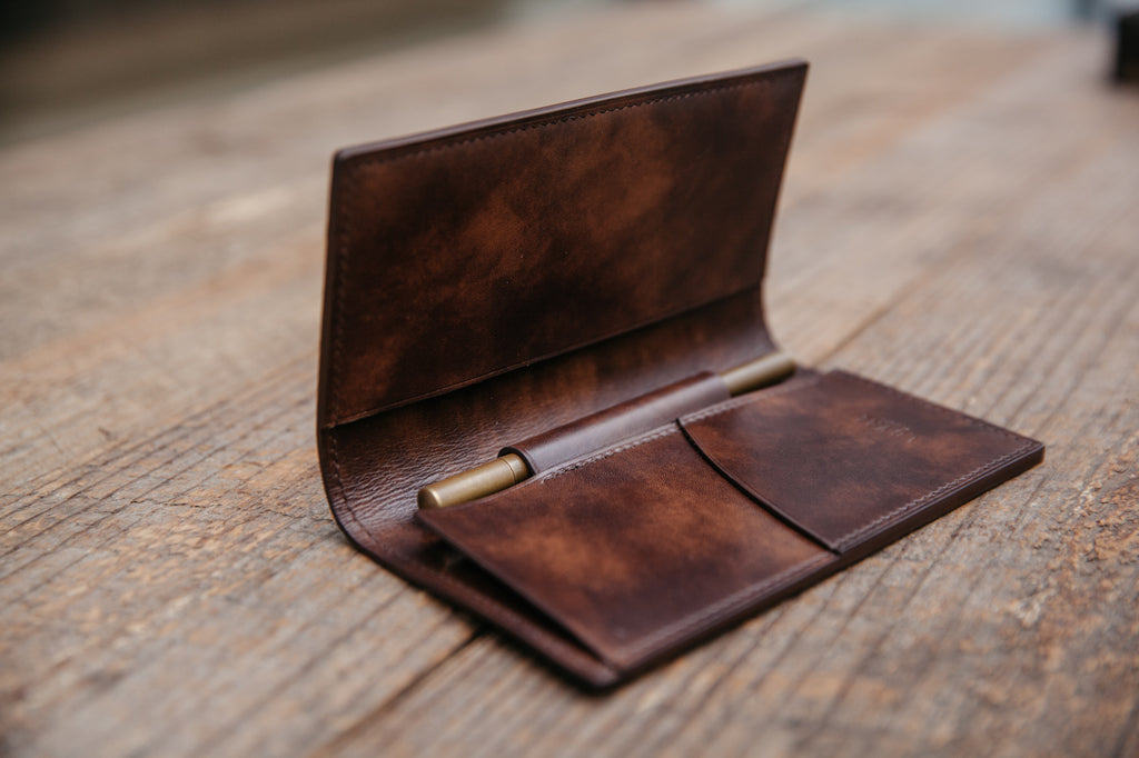 handmade ilcea museum calf checkbook wallet. fully lined with brass pen. made in nashville tn