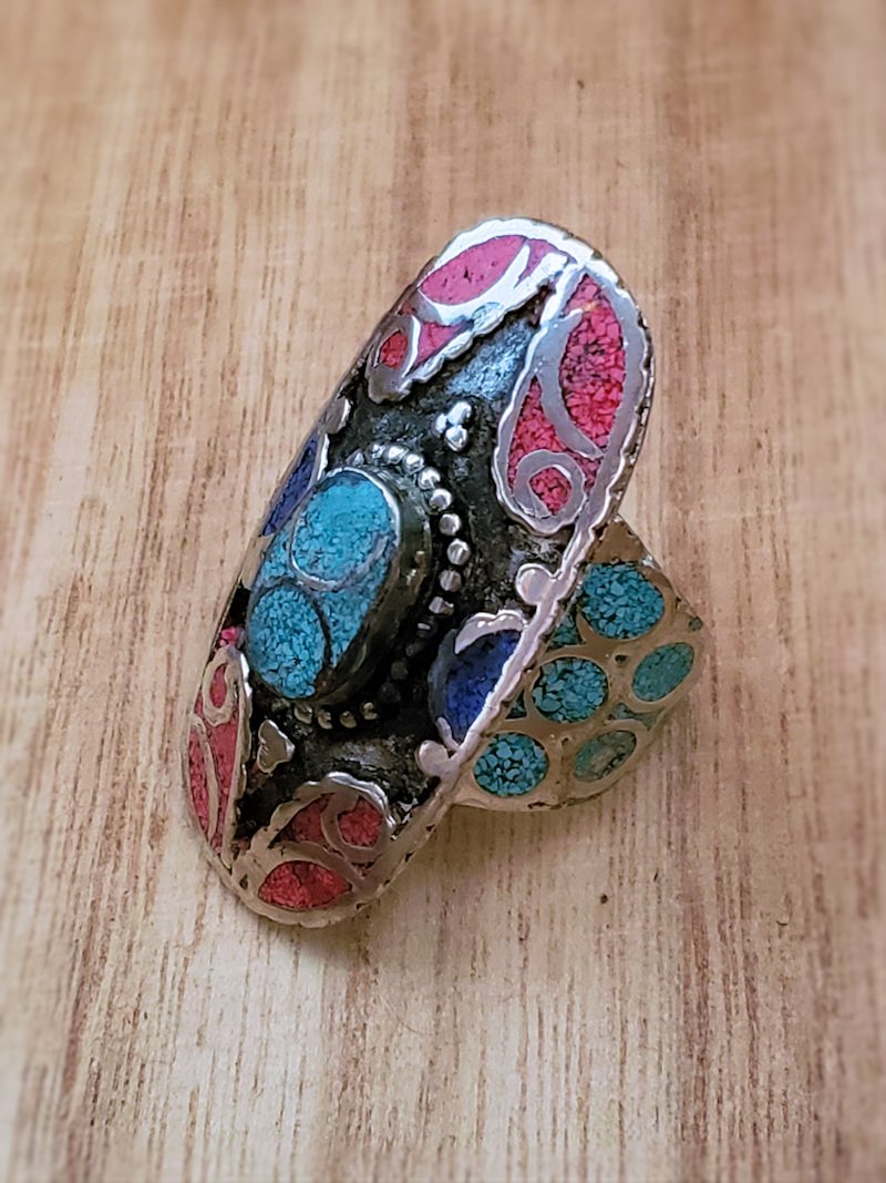 Adjustable Coral baguettes and Turquoise Boho ring Nepal Tibetan Ethnic silver 
