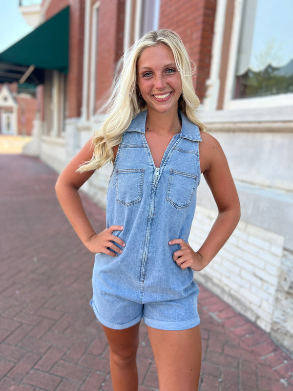 FORTUNATE FLIRT DENIM ROMPER- 2 COLORS