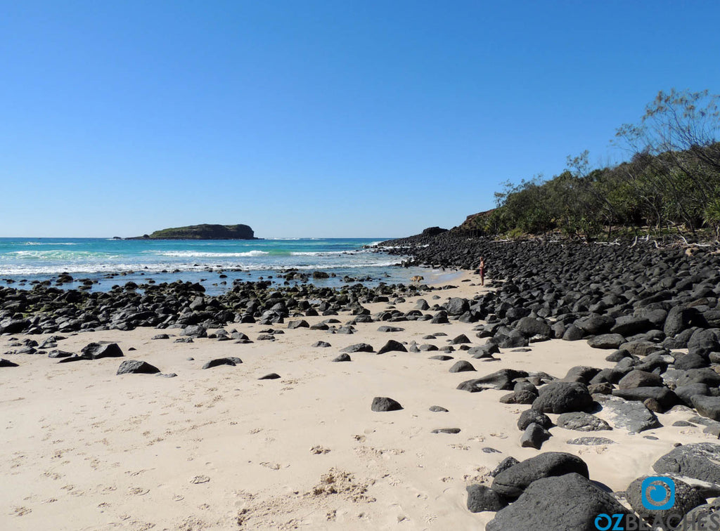 The rocky shoreline of Fingal Beach on the Tweed Coast