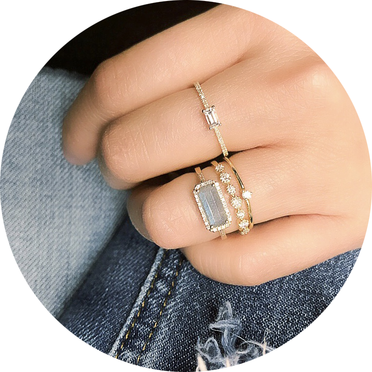 east west labradorite ring, stacked with other liven bands
