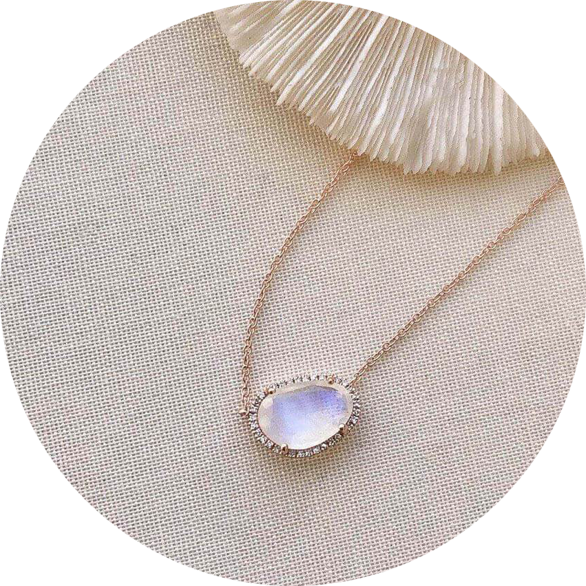 one of a kind rainbow moonstone necklace in rose gold with diamonds
