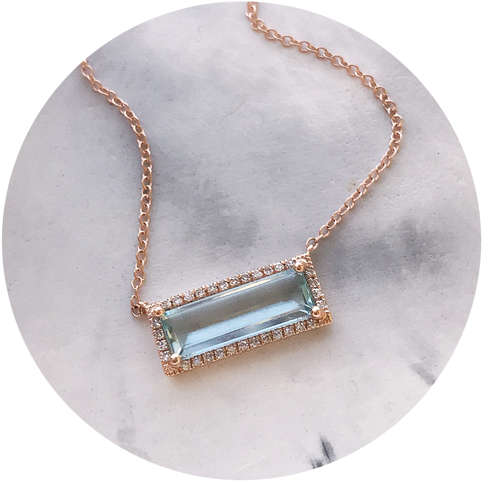 one of a kind aquamarine emerald cut necklace in 14k rose gold and diamonds
