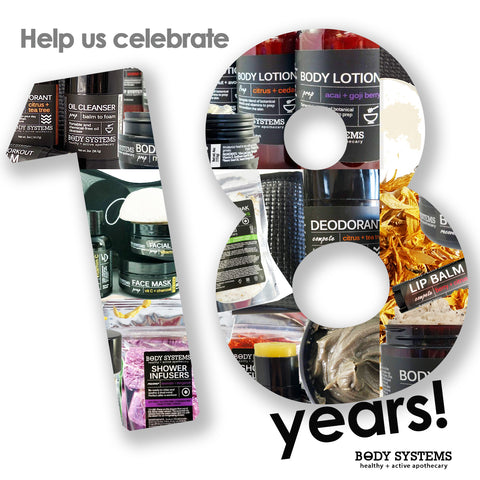 Help us Celebrate our 18th birthday picture with body systems products